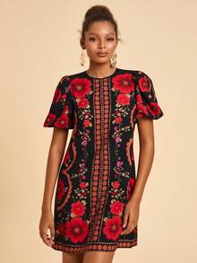 Travachic 女士休闲碎花泡泡袖短连衣裙，浪漫度假风，夏季 - 黑色 - 查看 4