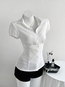 Elamini 女士白色V领收腰纹理短袖衬衫，春夏款 - 白色 - 查看 4