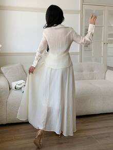 Feyla Women's New Romantic French Design Floral Blouse & A-Line Midi Skirt Set - Apricot - View 7