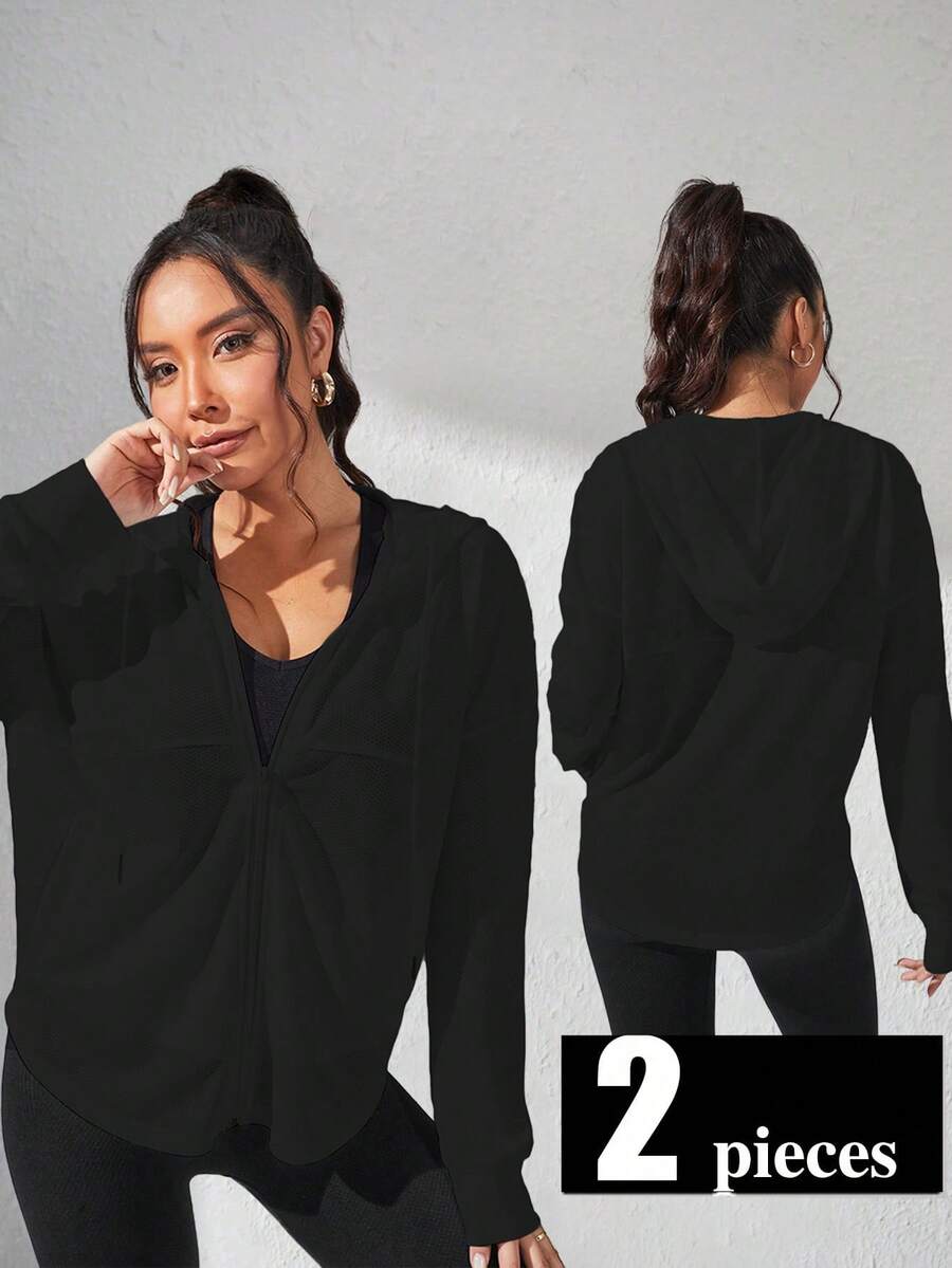 Velisys Veste de sport à capuche à fermeture éclair et cordon de serrage, manches longues, épaules tombantes, couleur unie pour femmes - Noir - Voir 1