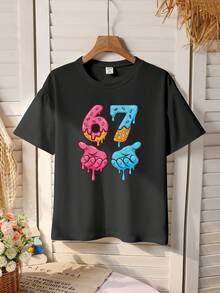 Sparklyn 女童彩色数字67和棕榈树印花圆领短袖T恤，休闲户外运动风格，舒适柔软亲肤，时尚百搭，适合春夏穿着。 - 黑色 - 查看 3