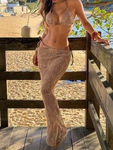 Bonvoyette Women's 3-Piece Set: Halter Neck Tie-Up Top, Matching Skirt, And Sexy Bikini Bottom In Light Brown Maple Leaf Grid Fabric - Coffee Brown - View 5