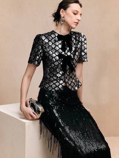 Arave Women's Velvet Sequined Top With Straight Shoulders, Fitted Waist, Puff Sleeves, And Bow Design - Modern Party Top  Party Top Black And Silver Party Top New Year