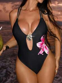 Swim SXY Traje de baño de mujer de moda, estampado de flor de hibisco negro, con tirantes cruzados en la espalda, diseño hueco, escote en V profundo, sexy y elegante, traje de baño de una pieza minimalista, adecuado para vacaciones de primavera/verano y playa - Negro - Ver 6
