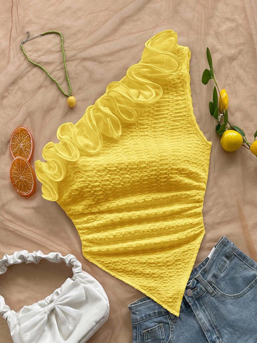 Soleia 度假风浪漫花卉饰边修身衬衫，适合音乐节、波西米亚风、假日约会、下午茶等场合 - 黃色 - 查看 1