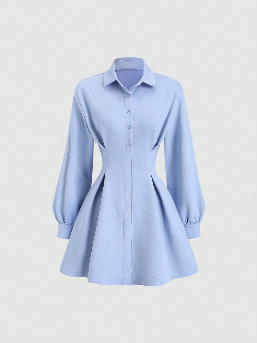 Sweetra Women's New Spring/Autumn Suitable For Outing, Vacation, Commuting, College Style Solid Color Suede Fabric Waist Ruched Design A-Line Mini Dress - Blue - View 1