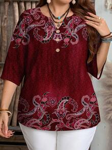 EMERY ROSE 复古图案加大码女式休闲宽松圆领七分袖衬衫，秋冬时尚女式衬衫 - 彩色 - 查看 4