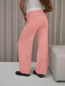 MUSERA Fold Over Waistband Wide Leg Knit Trousers Only Classy Cute Sexy Streetwear Fall Autumn Night Out Evening Party Elegant Winter    Sweatpants Pants - Pink - View 5