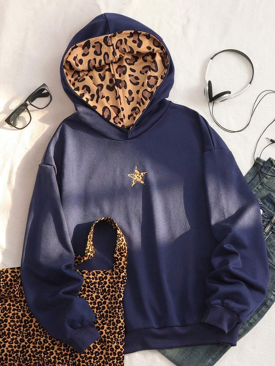 Women's Casual Leopard Print Fleece Thick Warm Sweatshirt, Star Leopard Print Street Fashion, Autumn/Winter - Blue - View 1
