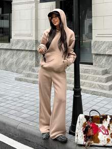 SHEIN EZwear 2 Pieces Thermal Lined Hoodie & Pants Set In Khaki, Women Casual Sweatsuit For Autumn/Winter - Khaki - View 3