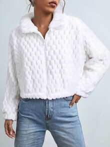 Chamarra de invinero ligera para  mujer corta tejido ligero peluche sintético texturizado cierre frontal cuello camisero manga larga diseño cálido estilo moderno ligera ideal invierno casual - Blanco - Ver 1