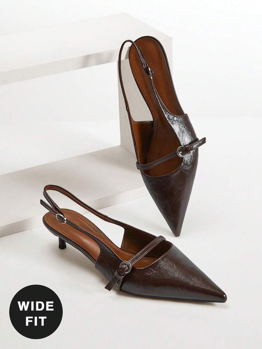 SHUZIA Women's Wide-Fit Pointed Toe, Elegant Fashionable Buckled Back Strap Pumps Valentine's Day Wide Fit - Coffee Brown - View 1