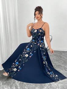 Elenzga Đầm slip dáng chữ A thắt eo, vạt bất đối xứng, cổ tròn, họa tiết hoa màu nước, cỡ lớn, thích hợp cho ngày Valentine, thanh lịch cho các buổi đi chơi, hẹn hò, tiệc tùng, trà chiều và kỳ nghỉ. - Màu xanh hải quân - Xem 6