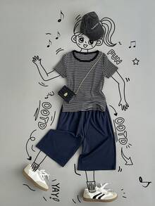 K-Vae 女士休闲圆领短袖条纹T恤 - 黑與白 - 查看 5