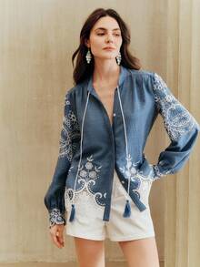 Anewsta Women's Vintage Roman Embroidery Lace Patchwork Embroidered Floral Trim Peter Pan Collar Long Sleeve Blouse, Suitable For Valentine's Day, Women's Day, Mother's Day - Blue - View 5