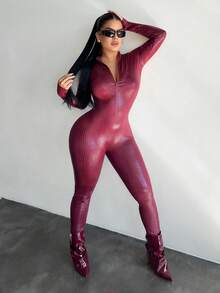 SHEIN SXY 女士拉链前开衩酒红色蛇纹长袖连体衣 - 酒紅色 - 查看 5