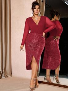 Cravure 大码女式V领长袖修身连衣裙，多功能显瘦拉长身形，适合日常穿着和奢华派对。 - 紅色 - 查看 4