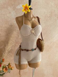 Soleia Bộ đồ liền thân dệt kim hở lưng họa tiết sao biển kim loại trơn màu dành cho nữ - Màu Khaki - Xem 4