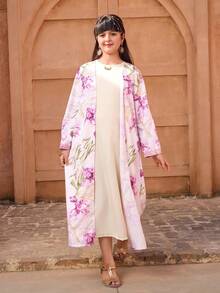 Tween Girl Classic Elegant Middle Eastern Print Long Jacket,Beige Modest Loose Dress,Autumn Country Style For Concert,Commute,Photo Shoots,Gatherings - Multicolor - View 5