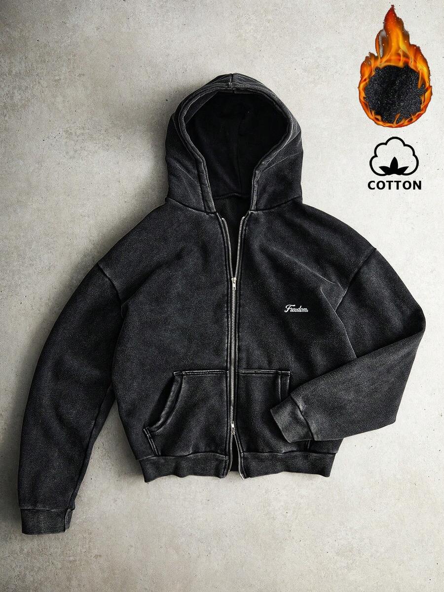 PAVTROS 男士街头风水洗复古极简主义Logo连帽衫，适合户外音乐节、休闲外出、送给男友/老公的礼物、周年纪念日等场合。 - 黑色 - 查看 1