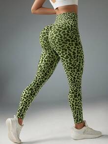 Slayform Women's Leopard Print High Waist Seamless Elastic Sports Leggings - Army Green - View 5