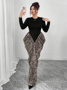 Elenzga Plus Size High Neck Long Sleeve Wrap Waist V-Cut Leopard Print Pleated Fishtail Dress, Elegant For Outings, Parties, Dates, And Formal Events - Multicolor - View 7