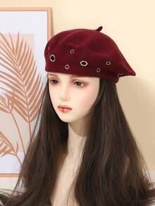 ROMWE Grunge Punk 1pc Punk Style Circular Hollow Rivet Beret Hat, Y2K Round Pendant Newsboy Cap, Daily Personalized Fashion Item - Burgundy - View 1