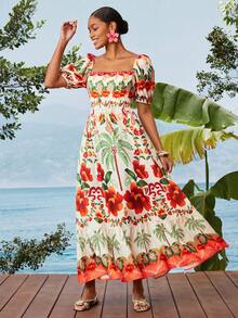 Travachic Women's Summer Beach Vacation Tropical Print Sweetheart Neck Puff Sleeve Waist Ruffle Hem Dress - Multicolor - View 3