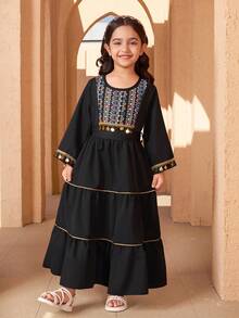 SHEIN Young Girl Stunning Girls' Dress, Black Base With Exquisite Colorful Printed Pattern, Decorated With Vintage Beaded Tassel At Neckline And Cuffs, Playful Bow Design At Waist For Elegant Look, Multi-Layer Skirt For Flowing And Dynamic Style, Providing Children With A High-End And Unique Vibe! Abaya Jalabiya Traditional Arabic Clothing - Black - View 6