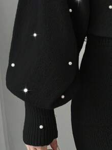 Elenzga 大码优雅船领串珠灯笼袖毛衣连衣裙 - 黑色 - 查看 6