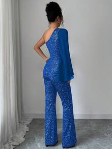 Elenzga 1pc Women's Asymmetric Polka Dot Glitter Jumpsuit With Bell Sleeves, Party Wear - Blue - View 2