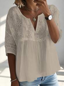 SHEIN Plus Size Casual Solid Color Floral Embroidery Patchwork Shirt - Khaki - View 1