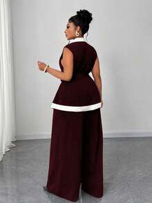Maweii Conjunto de 2 piezas sin mangas en blanco y negro con patchwork, elegante para ir al trabajo, talla grande - Burdeos - Ver 5