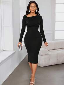 SHEIN Lady Đầm dài tay cổ lệch màu thanh lịch ôm sát, dáng suông, dài vừa phải cho nữ - màu đen - Xem 7