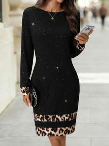 SHEIN Clasi 女士抓绒拼接豹纹连衣裙 - 黑色 - 查看 6