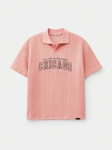 Manfinity VCAY 男式字母图案针织 Polo 衫，常春藤风格，返校季 - 藕粉色 - 查看 3