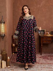 Al Najma Plus Size Long Sleeve Maxi A-Line Dress, Floral Lace Patchwork, Casual & Elegant Arabic Style For Women - Multicolor - View 3