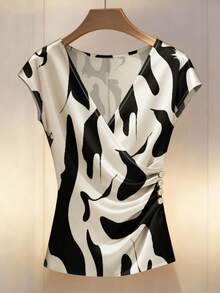 Franclia 女士全印花V领垂褶优雅时尚衬衫，斑马纹上衣，女士工作上衣，图案上衣，豹纹上衣，奶牛纹上衣，豹纹上衣 - 彩色 - 查看 3