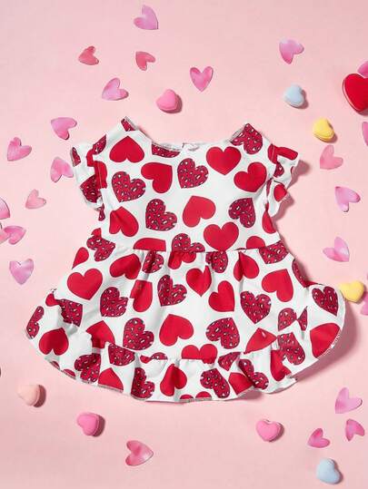 PETSIN 1pc Pet Valentine's Day Red Leopard Print Heart Decor Cap Sleeve Ruffle Hem Button-Front Dress, For Gifts