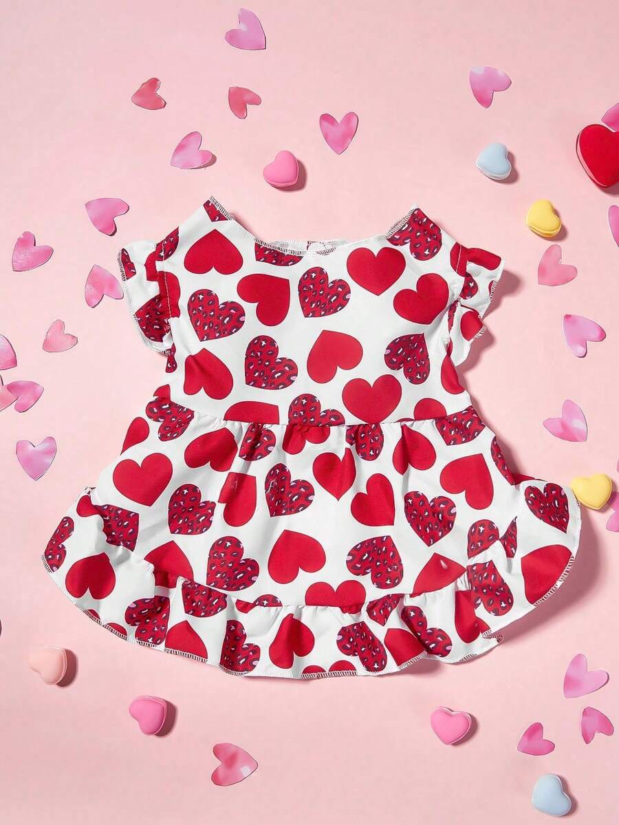 PETSIN 1pc Pet Valentine's Day Red Leopard Print Heart Decor Cap Sleeve Ruffle Hem Button-Front Dress, For Gifts - Multicolor - View 1