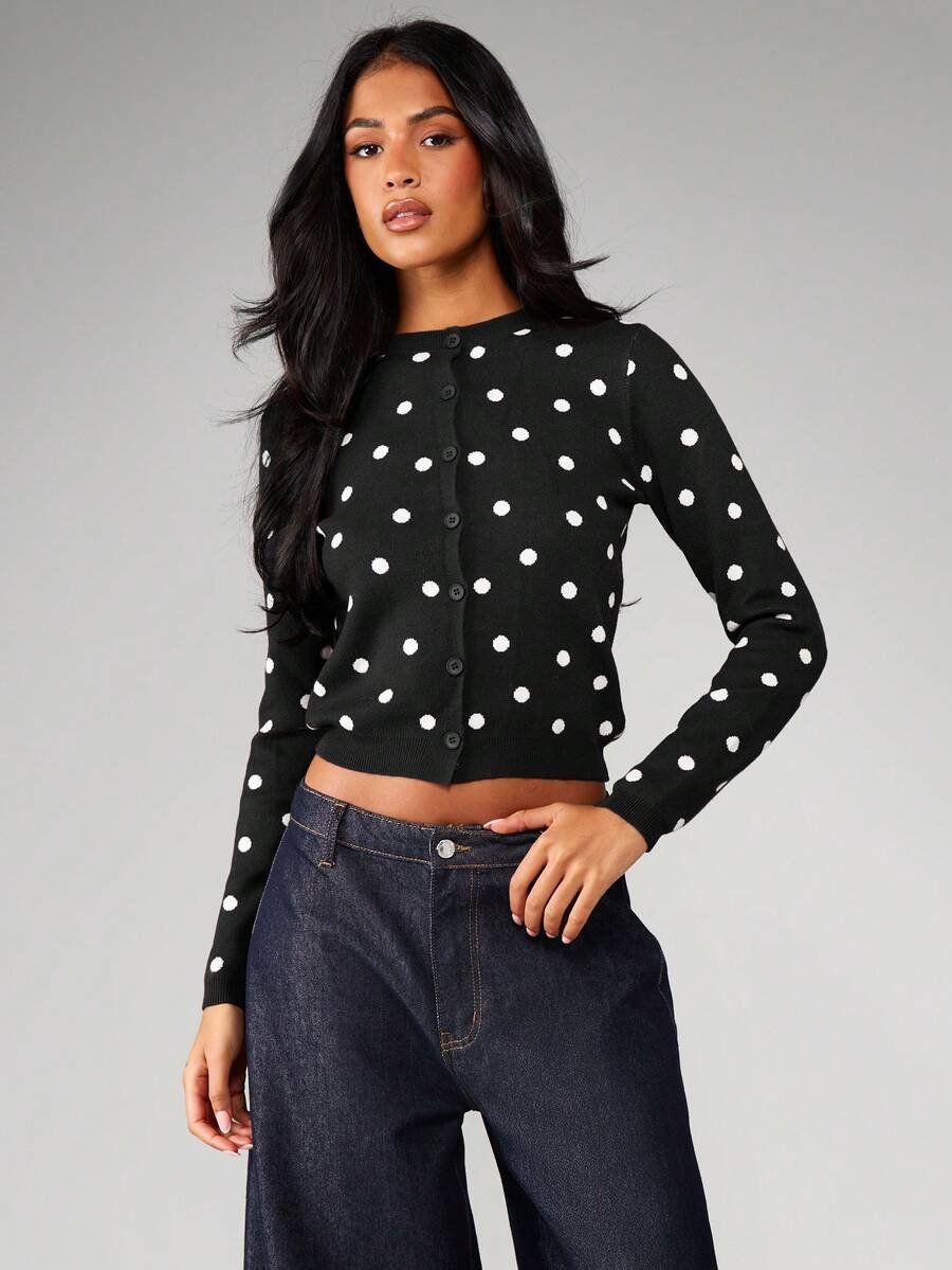 MISSGUIDED Polka Dot Button Front Cardigan Cropped Jacquard Knit Sweater Long Sleeve Round Neck Vintage Style Fall Winter - Black - View 1