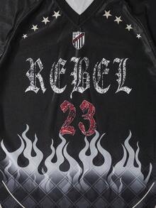 ROMWE MEN 男士字母火焰印花宽松运动T恤 - 黑色 - 查看 4