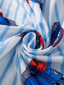 2pcs Young BoyCasual Striped Cartoon Car Print Cardigan Long Sleeve Pajama Set - Multicolor - View 3