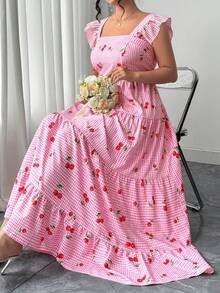 Elenzga Váy maxi tay phồng cổ vuông họa tiết caro màu hồng anh đào ngọt ngào cỡ lớn dành cho nữ thời trang xuân/hè, dáng chữ A thắt eo thanh lịch, thích hợp mặc khi đi chơi mùa xuân, mua sắm, tiệc tùng, đi làm, mặc hàng ngày - Nhiều màu - Xem 5