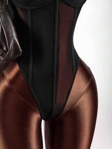 Amplova Women's Hollow Out Sheer Criss-Cross Bodysuit, Sexy & Avant-Garde, Suitable For Party Outfits - Black - View 8