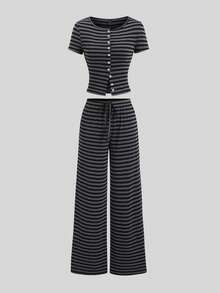 Sweetra 2件套女士休闲黑灰条纹通勤风针织修身T恤和阔腿低腰裤套装，春夏款 - 黑色 - 查看 3