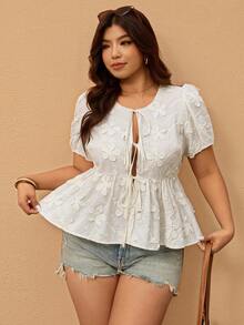 Elaquor Plus Size Women Front Tie Short Puff Sleeve Floral Ruffle Hem Fashionable Top Spring For Women Elegant Casual Vacation - Apricot - View 6