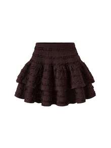 SHEIN Tall CURVE 大码女式甜美高腰层叠荷叶边泡泡袖半身裙，高腰半身裙，春夏款 - 咖啡棕 - 查看 1