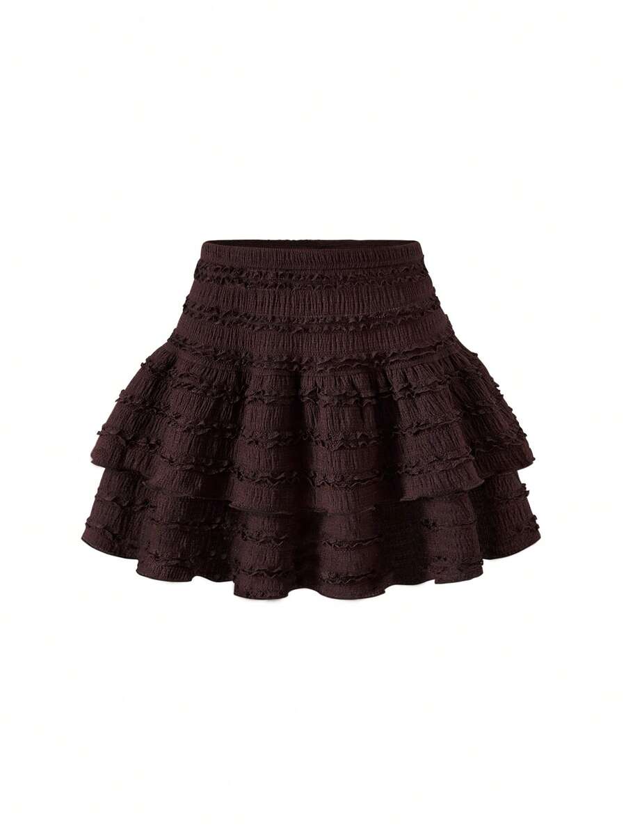 SHEIN Tall CURVE 大码女式甜美高腰层叠荷叶边泡泡袖半身裙，高腰半身裙，春夏款 - 咖啡棕 - 查看 1