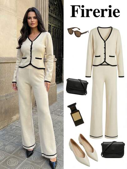 Firerie 女士奢华简约办公长袖毛衣长裤套装，卡其色撞色滚边长裤毛衣套装，优雅通勤女士长裤毛衣套装，V领长袖毛衣套装，春秋冬装，优雅，通勤，休闲，日常，简约，工作服
